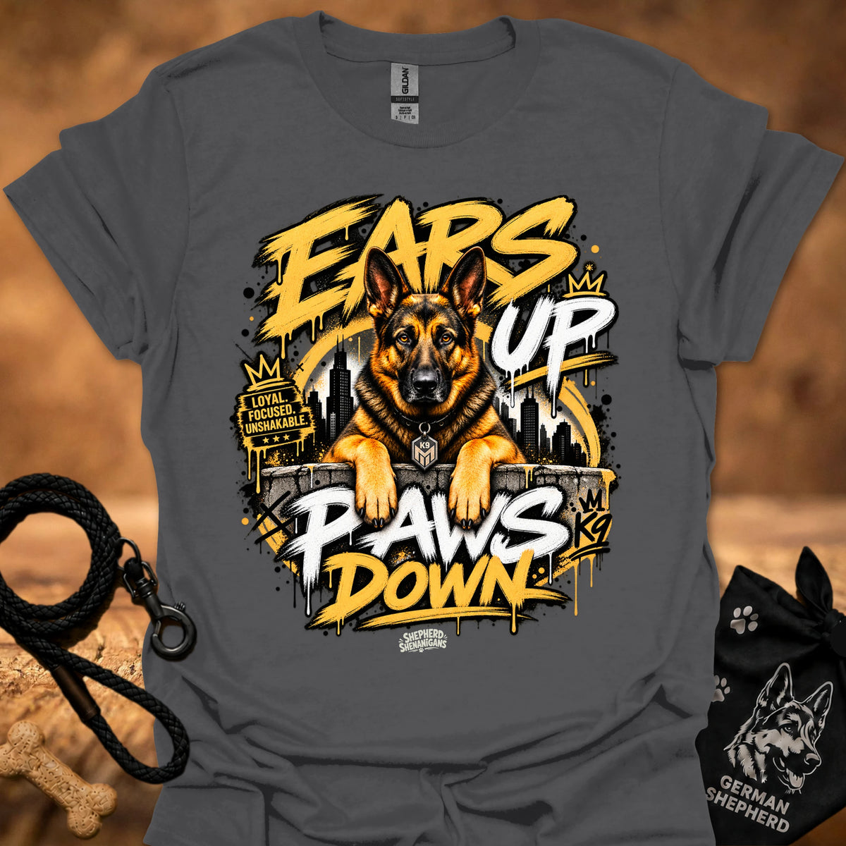 Black t-shirt with graphic of a German shepherd “Ears Up Paws Down” design.
