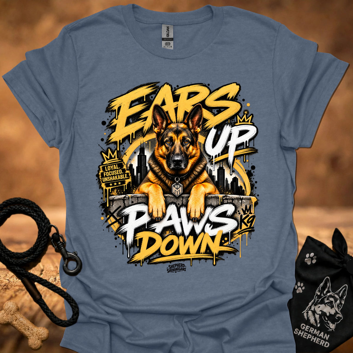Steel blue t-shirt with centered German shepherd “Ears Up Paws Down” graphic design.