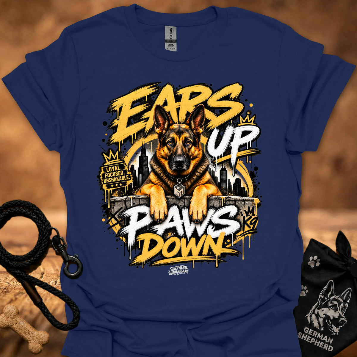 Navy t-shirt with German shepherd “Ears Up Paws Down” graphic print at center front.