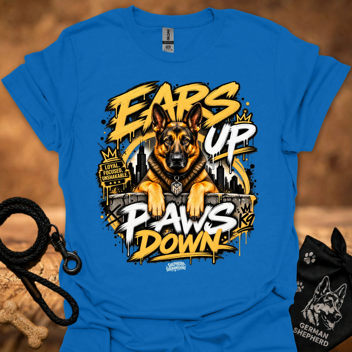 Royal blue t-shirt featuring a German shepherd “Ears Up Paws Down” graphic design.