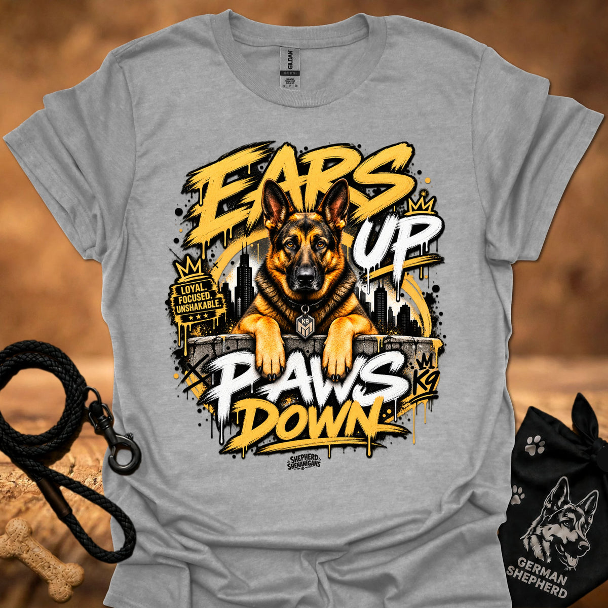 Heather gray t-shirt with centered German shepherd “Ears Up Paws Down” graphic print.