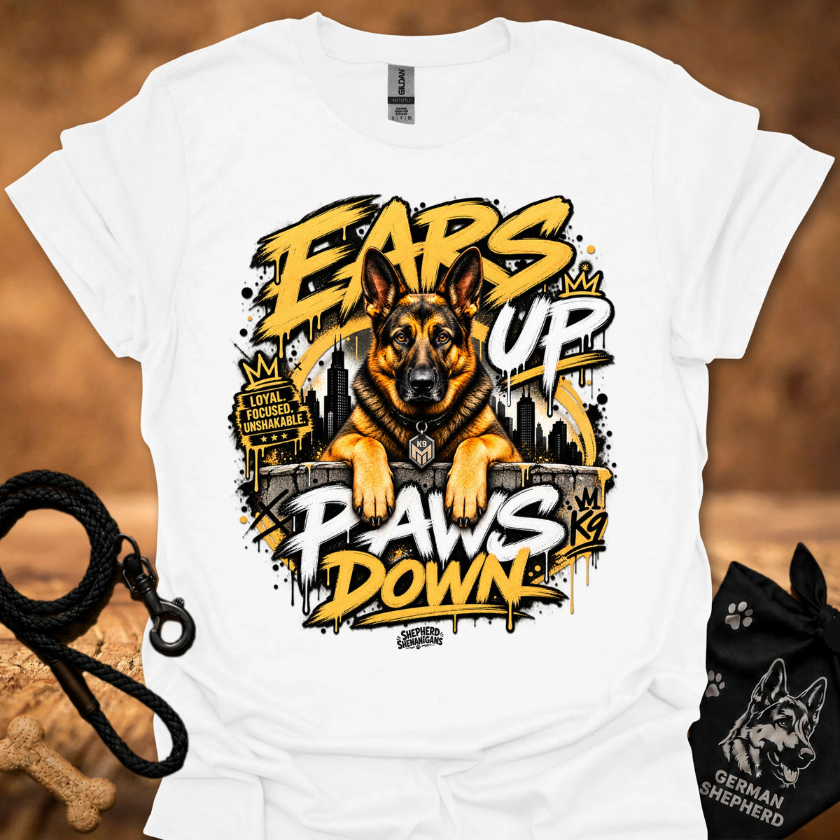 White t-shirt with German shepherd “Ears Up Paws Down” graphic print on the chest.