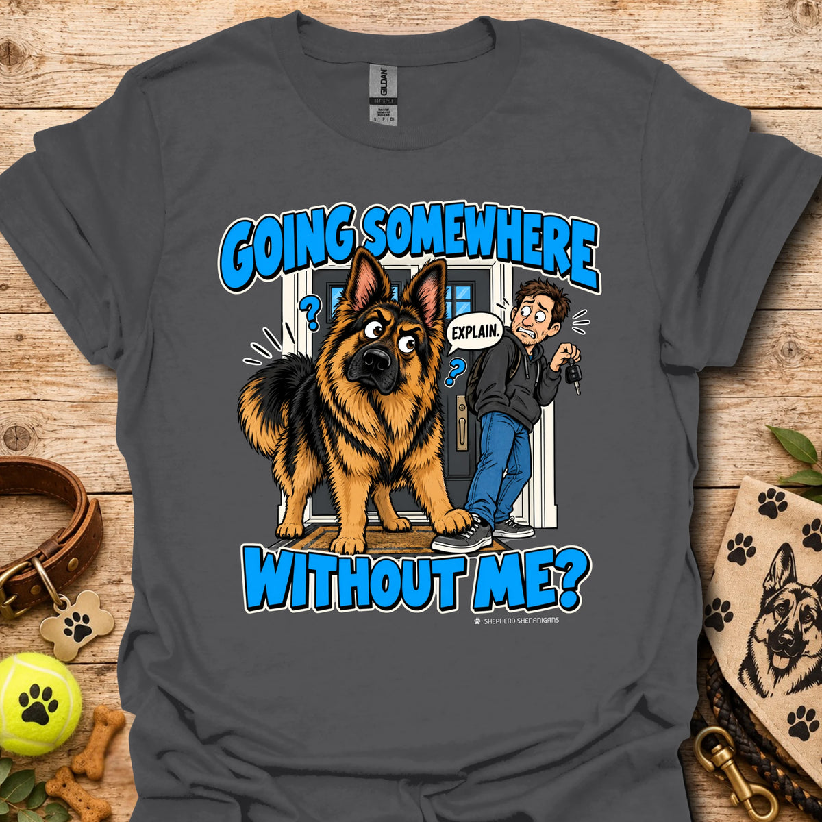 Charcoal T-shirt with a German shepherd and man graphic and blue lettering