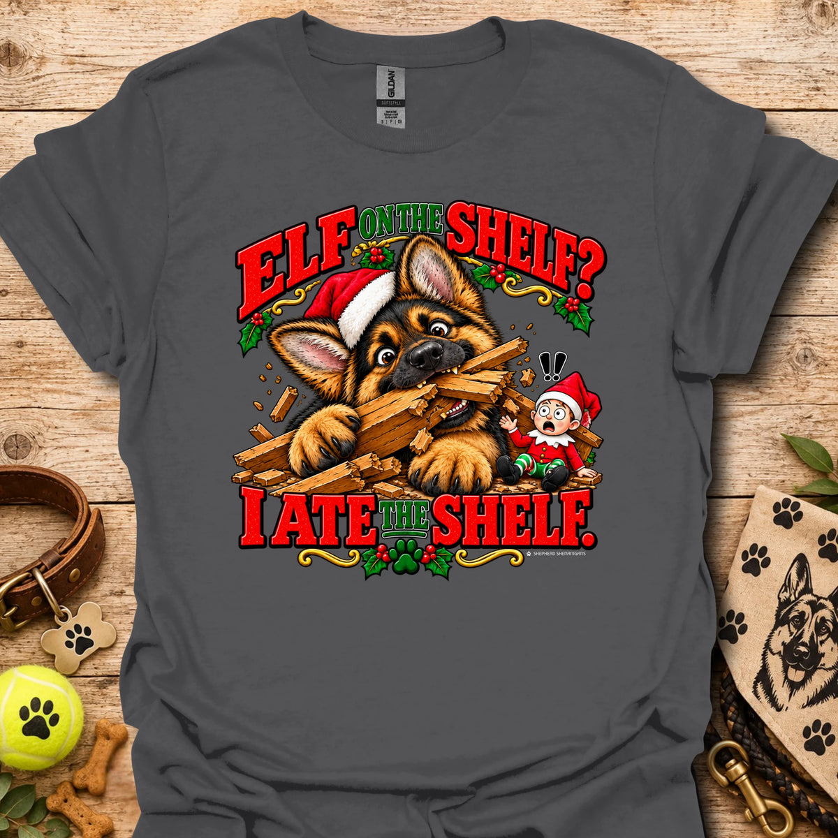 Charcoal graphic t-shirt with cat-and-wood “Elf on the Shelf?” and “I ate the shelf” print