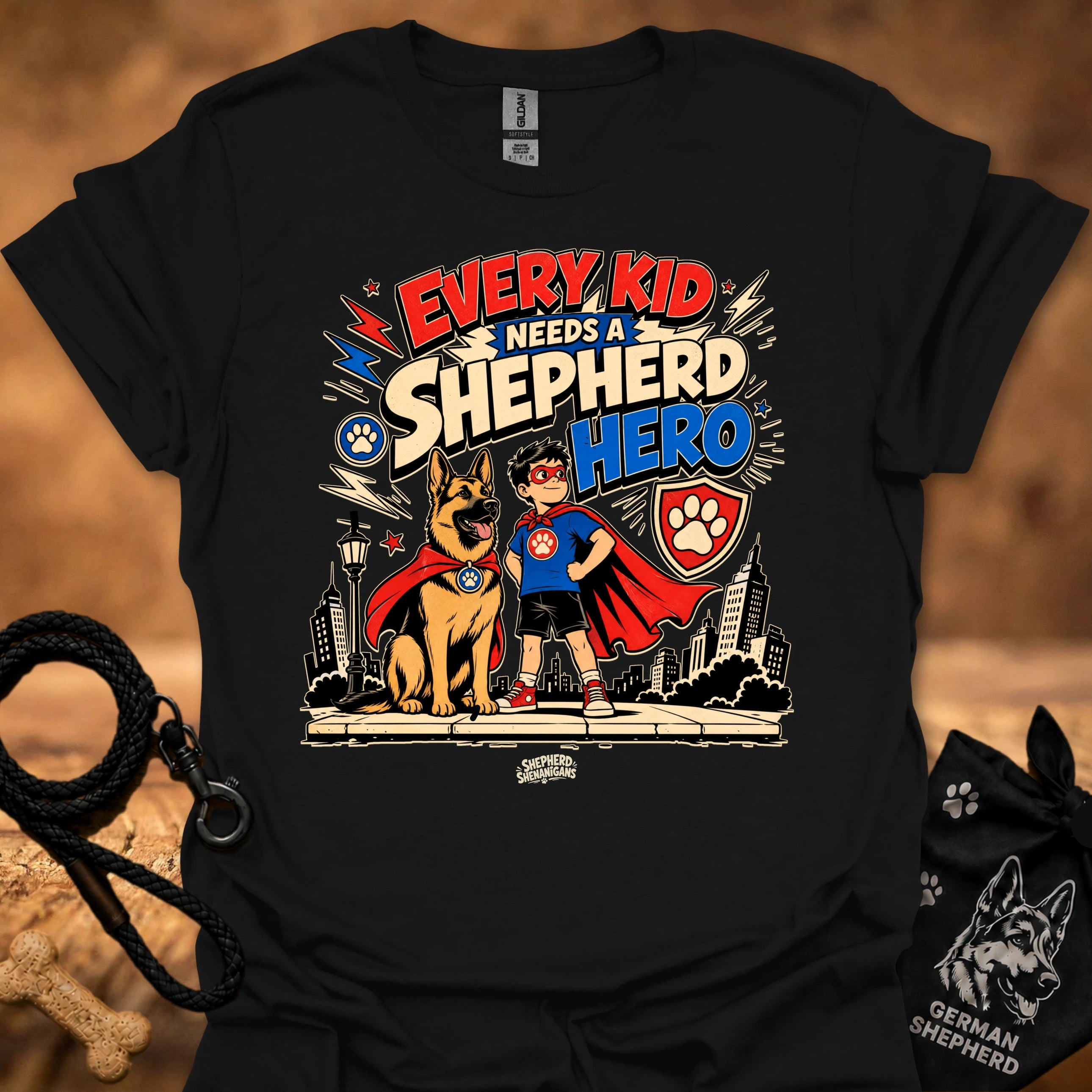 Black kids' shepherd hero graphic t-shirt with dog and child superhero illustration