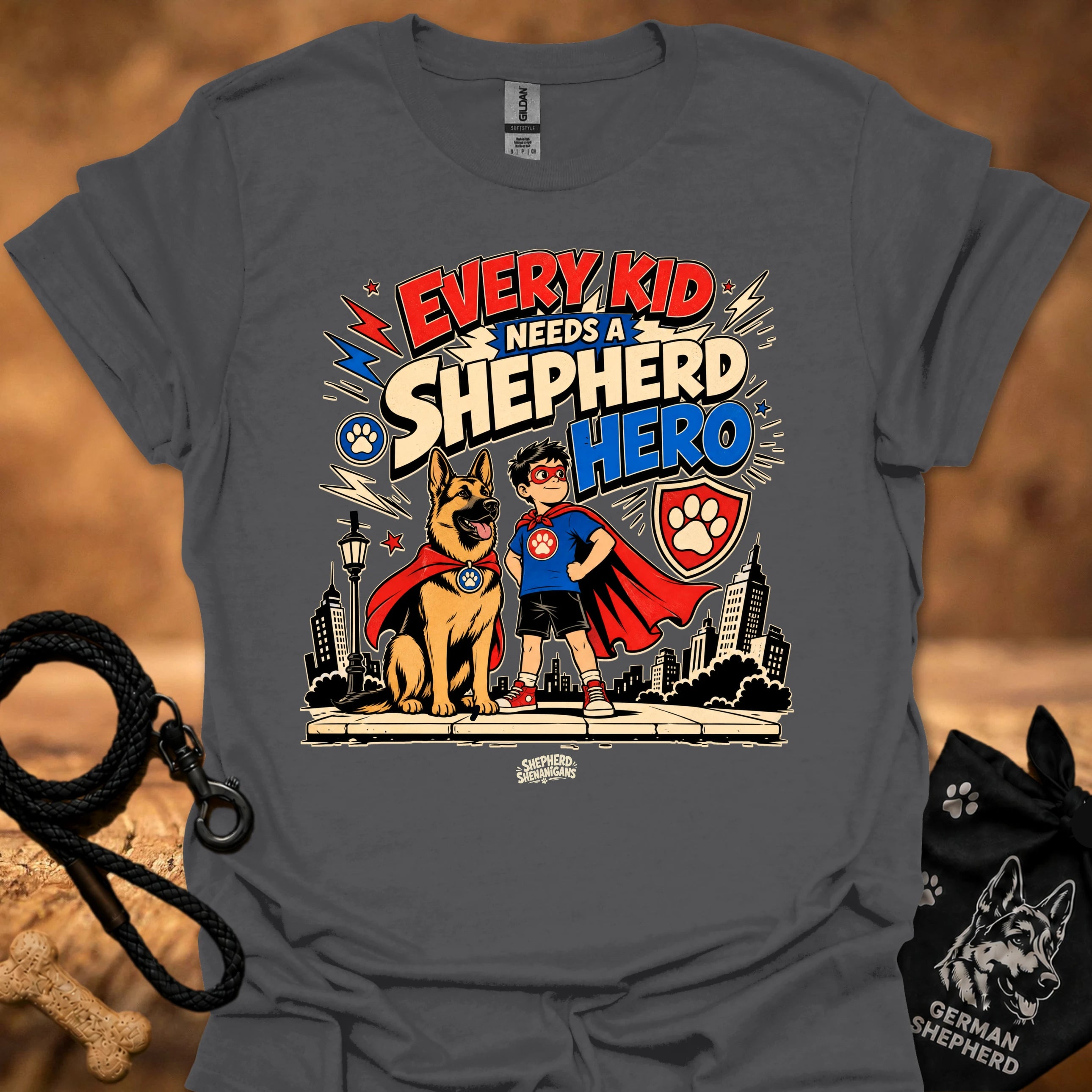 Charcoal kids' shepherd hero graphic t-shirt with dog and child superhero illustration