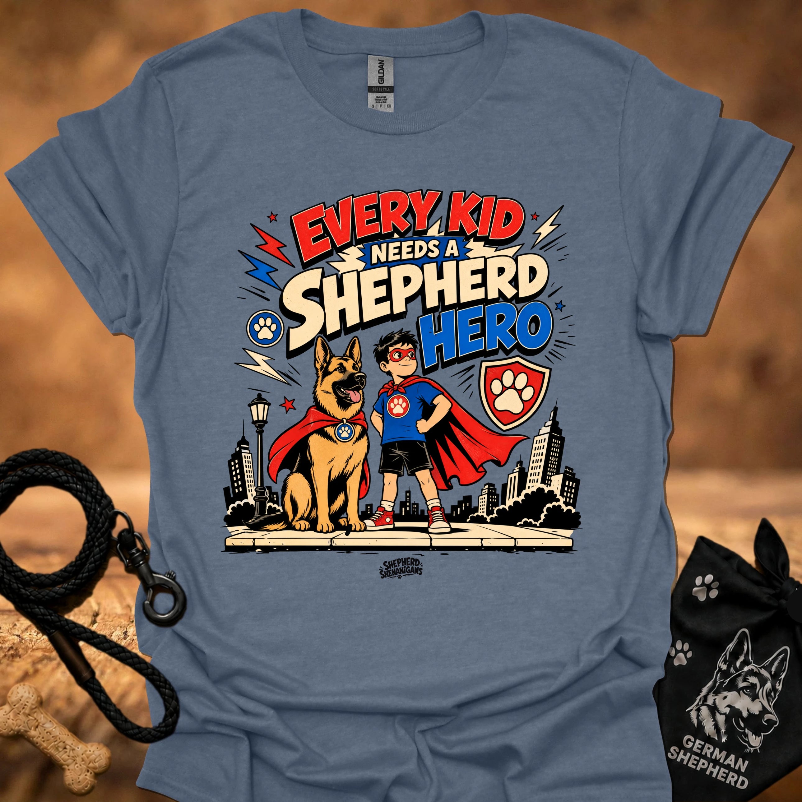 Heather indigo kids' shepherd hero graphic t-shirt with dog and child superhero illustration
