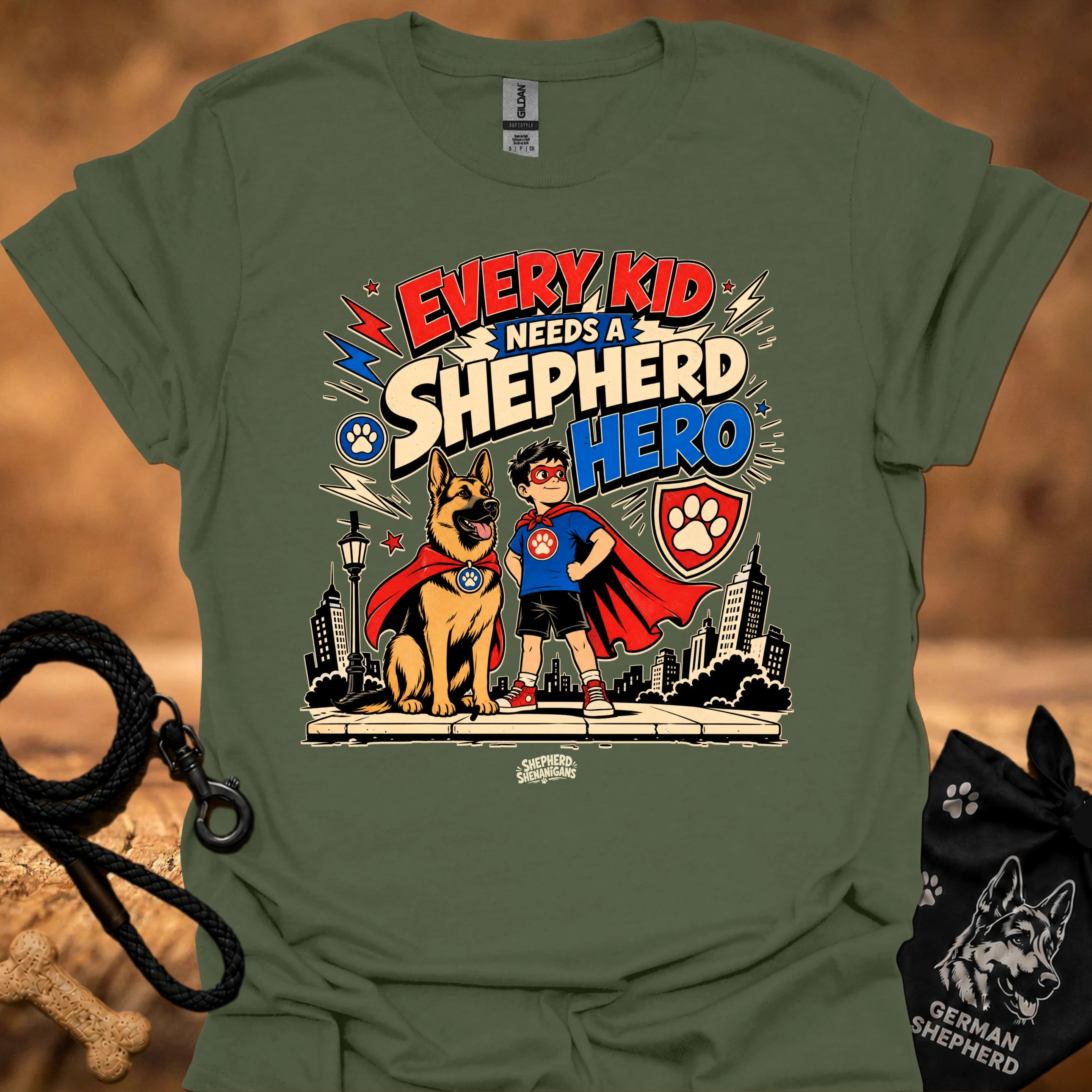 Military green kids' shepherd hero graphic t-shirt with dog and child superhero illustration