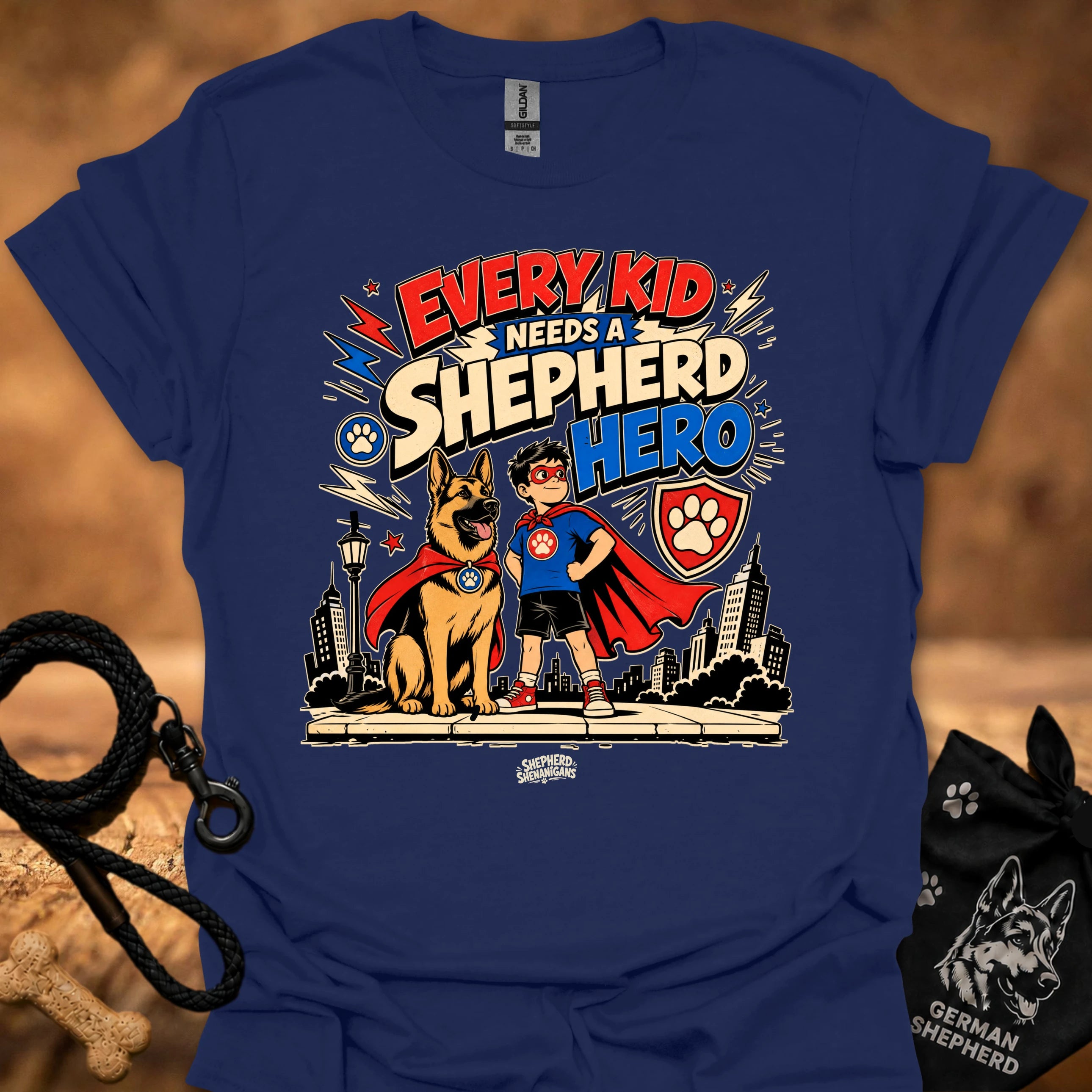 Navy kids' shepherd hero graphic t-shirt with dog and child superhero illustration