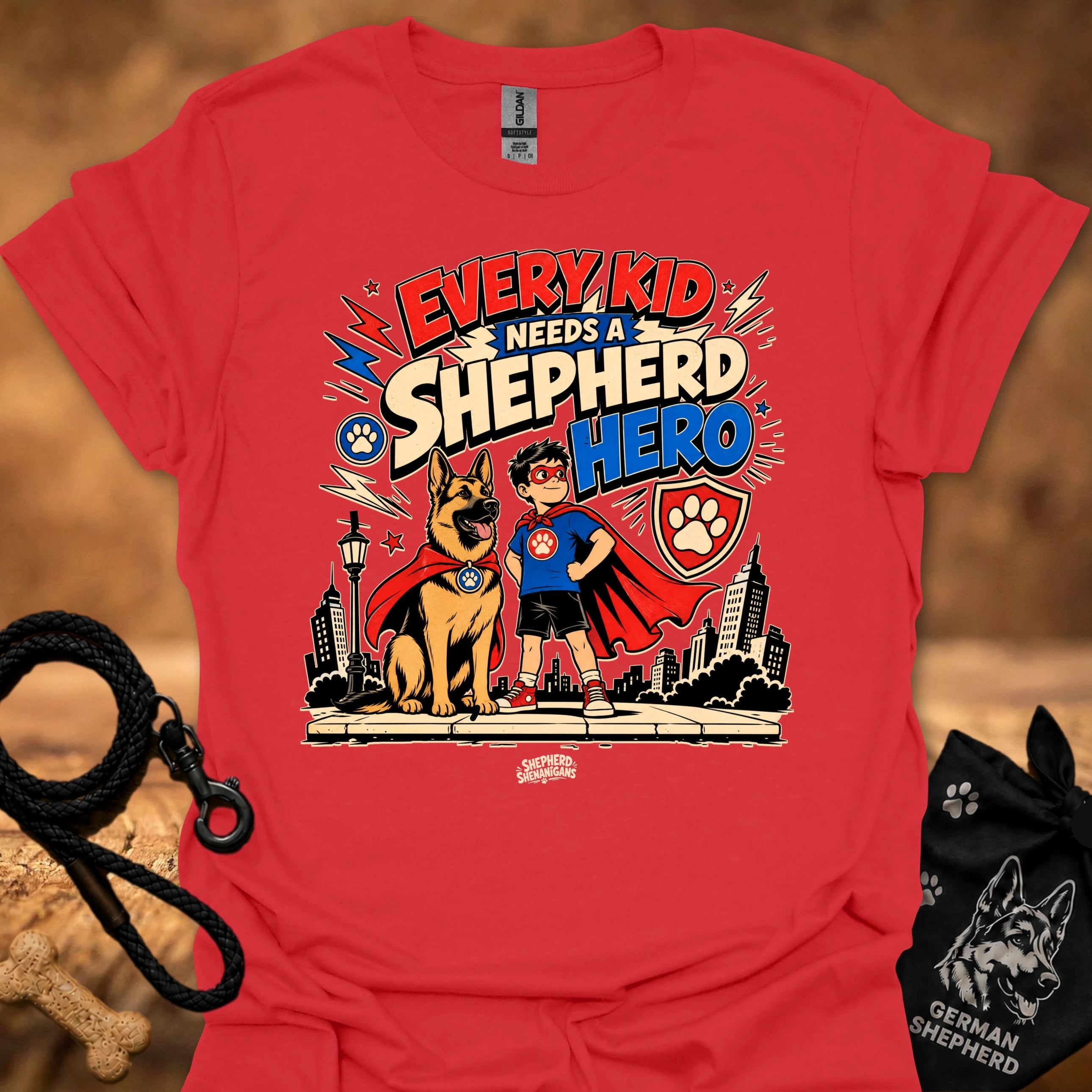 Red kids' shepherd hero graphic t-shirt with dog and child superhero illustration