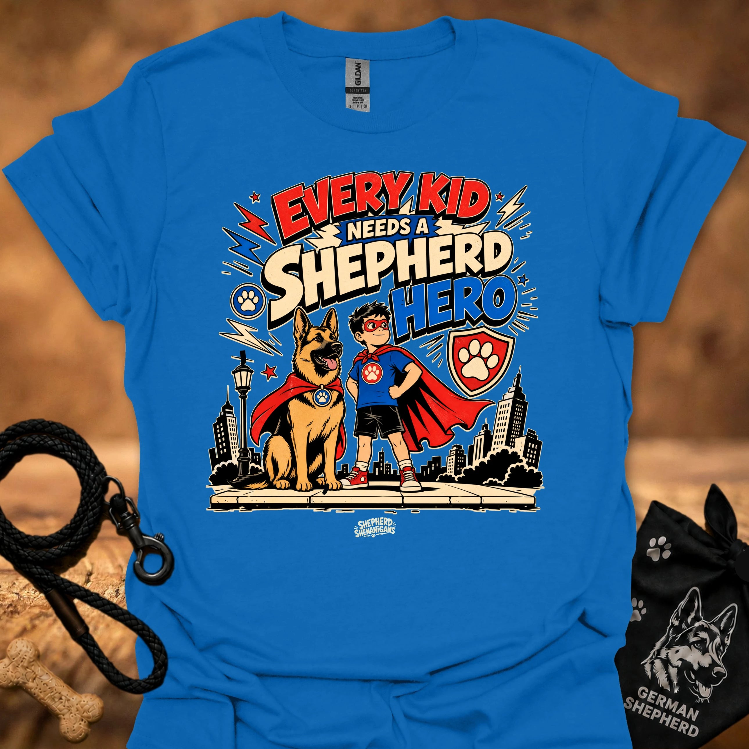 Royal blue kids' shepherd hero graphic t-shirt with dog and child superhero illustration