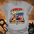 Sport gray kids' shepherd hero graphic t-shirt with dog and child superhero illustration