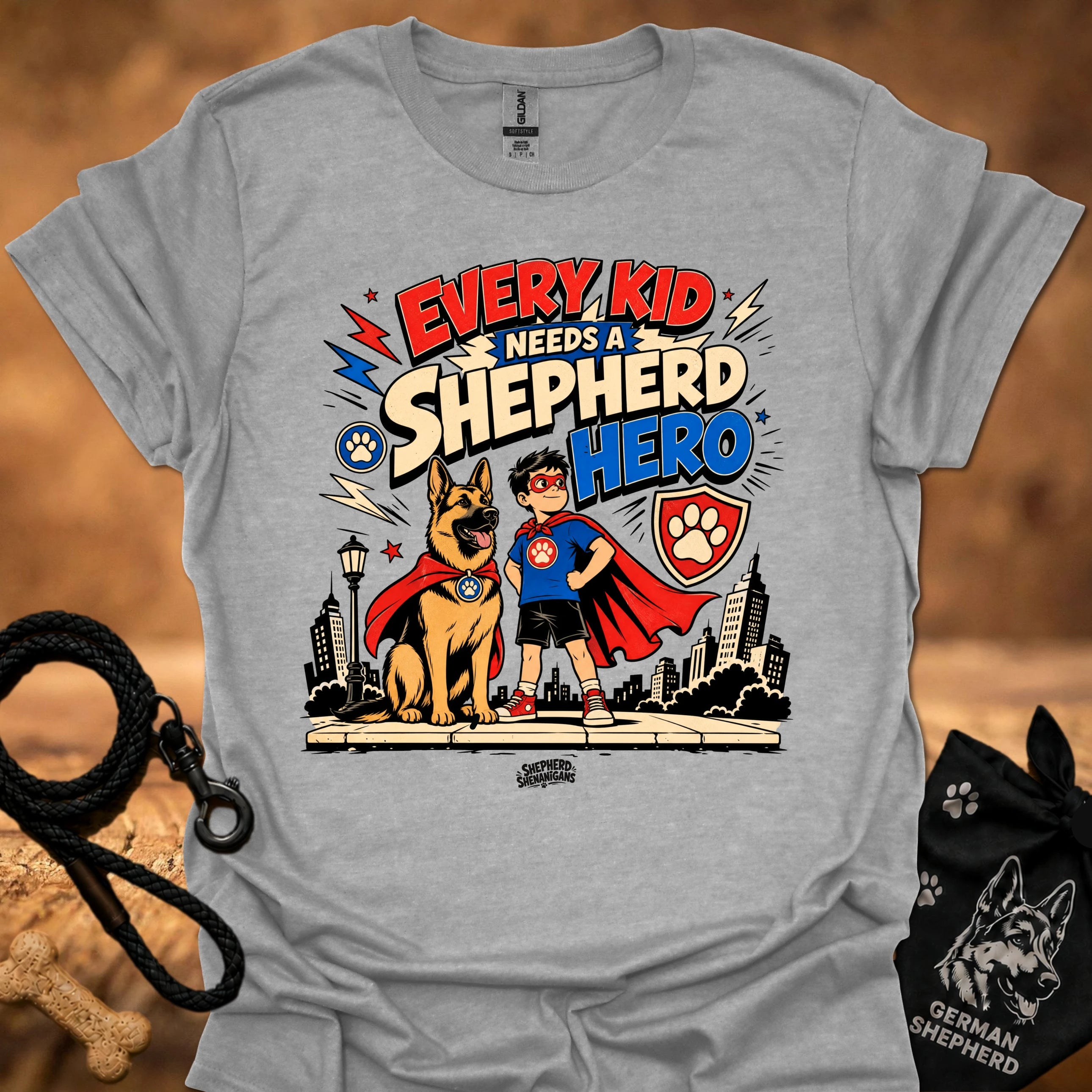 Sport gray kids' shepherd hero graphic t-shirt with dog and child superhero illustration