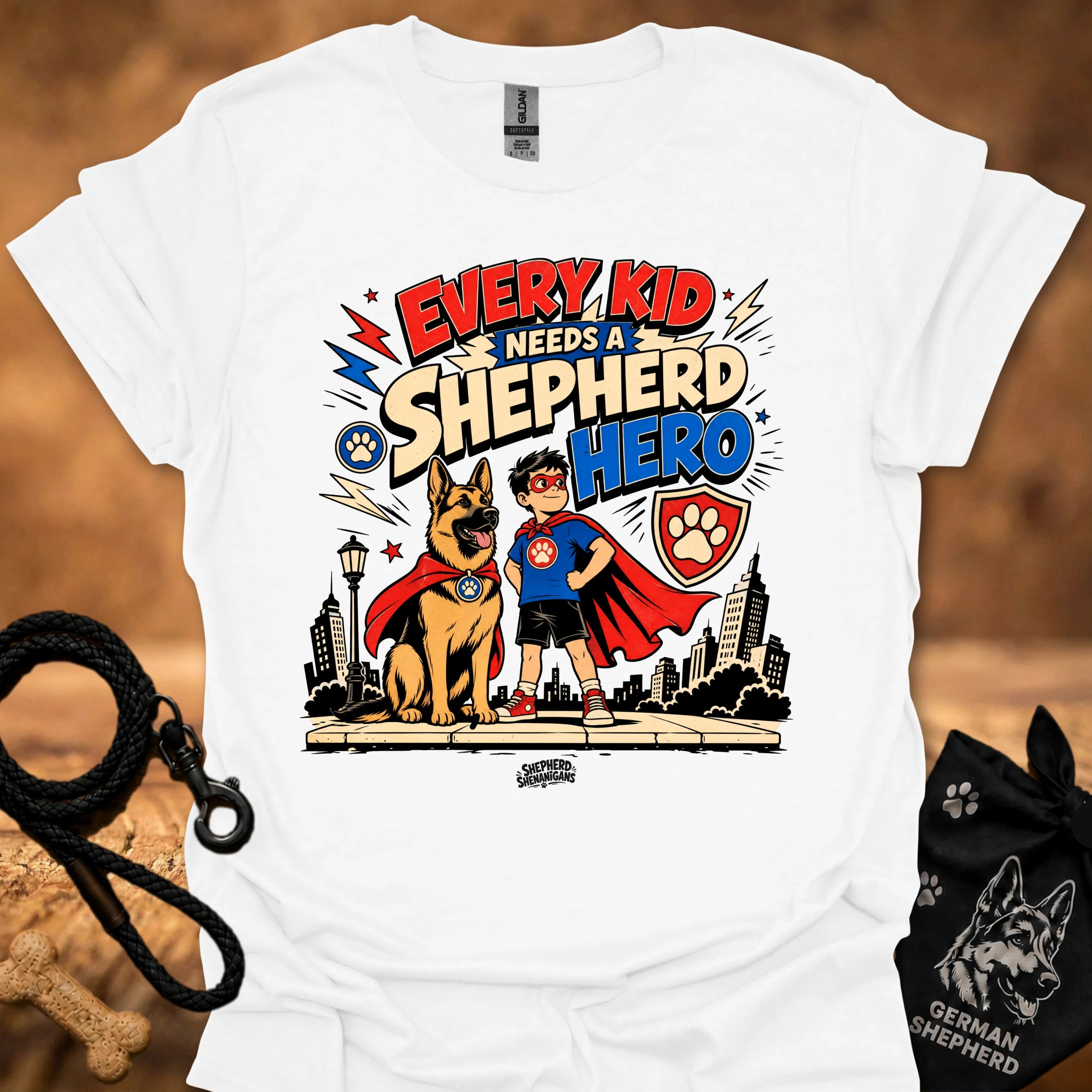 White kids' shepherd hero graphic t-shirt with dog and child superhero illustration