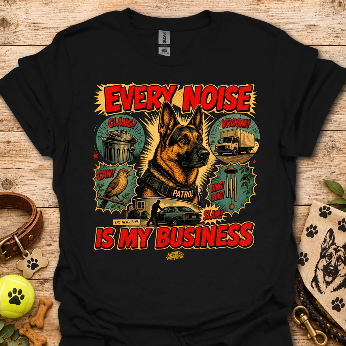 Black graphic T-shirt with dog print and 'EVERY NOISE IS MY BUSINESS' text