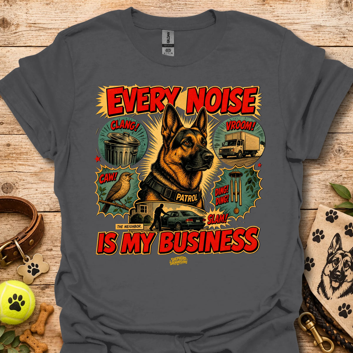 Charcoal graphic T-shirt with dog print and 'EVERY NOISE IS MY BUSINESS' text