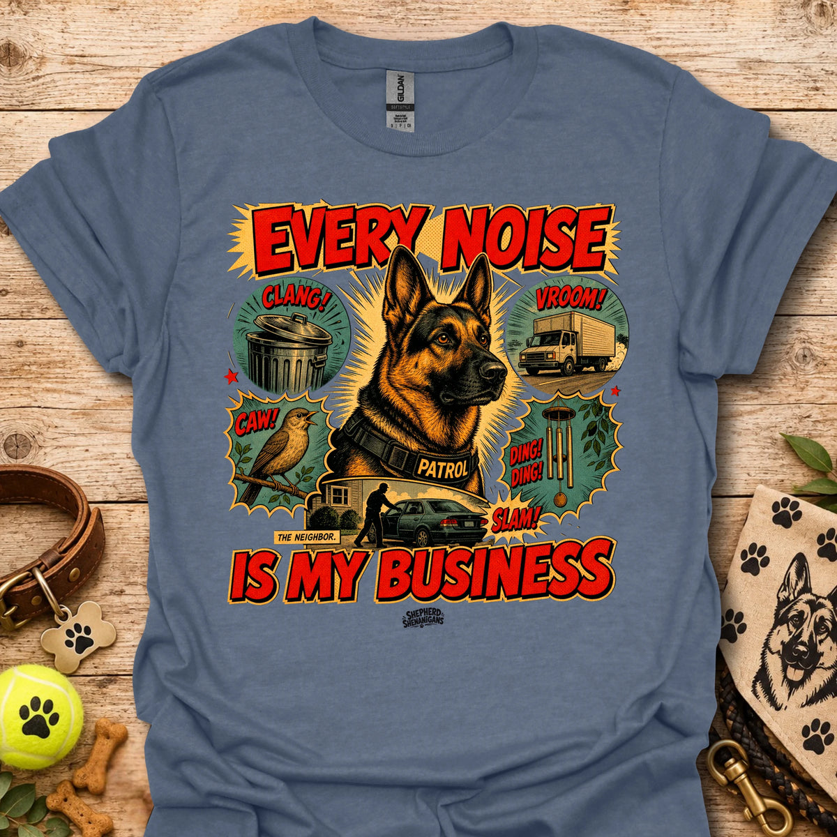 Heather indigo graphic T-shirt with dog print and 'EVERY NOISE IS MY BUSINESS' text