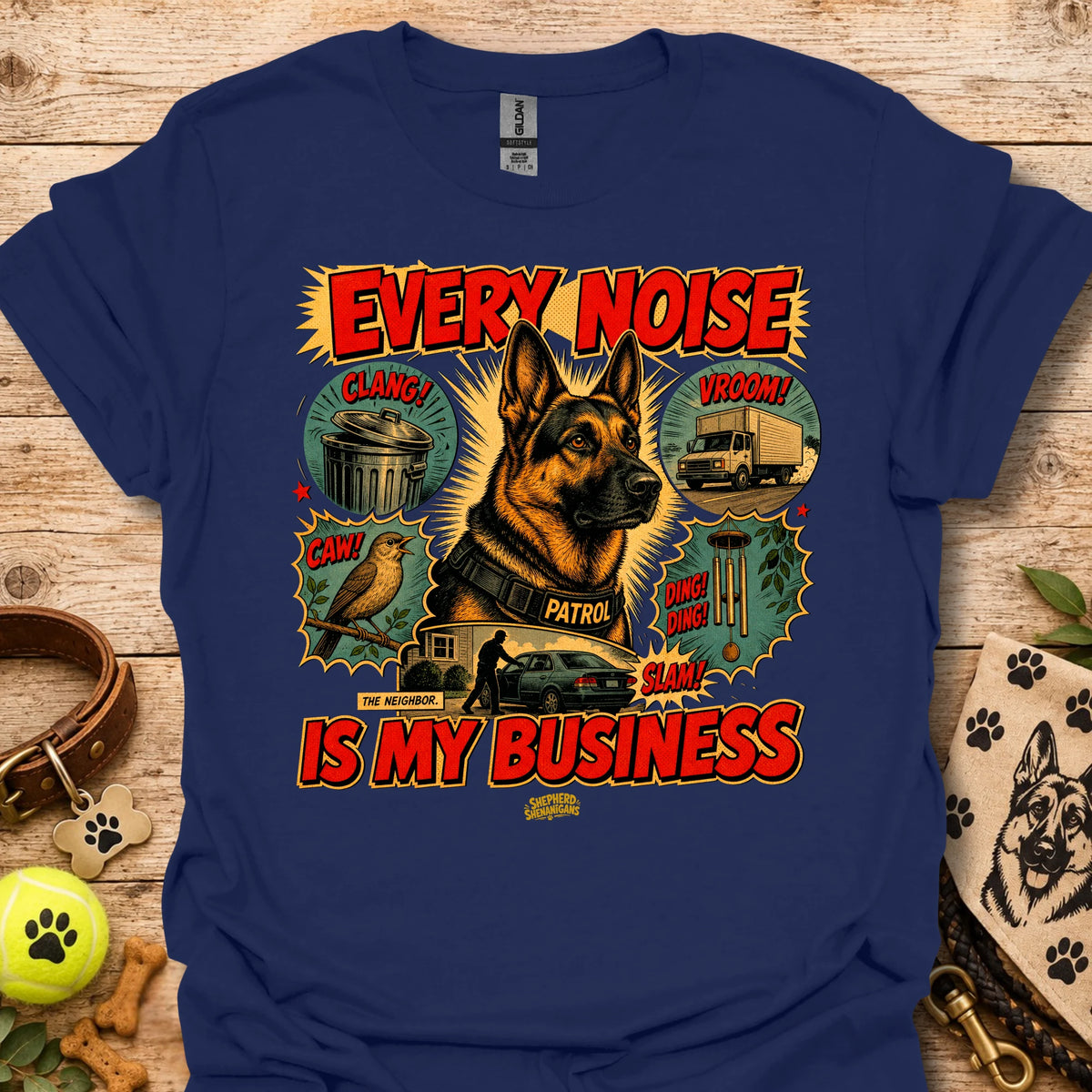 Navy graphic T-shirt with dog print and 'EVERY NOISE IS MY BUSINESS' text