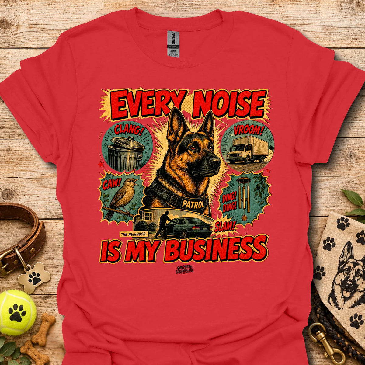 Red graphic T-shirt with dog print and 'EVERY NOISE IS MY BUSINESS' text