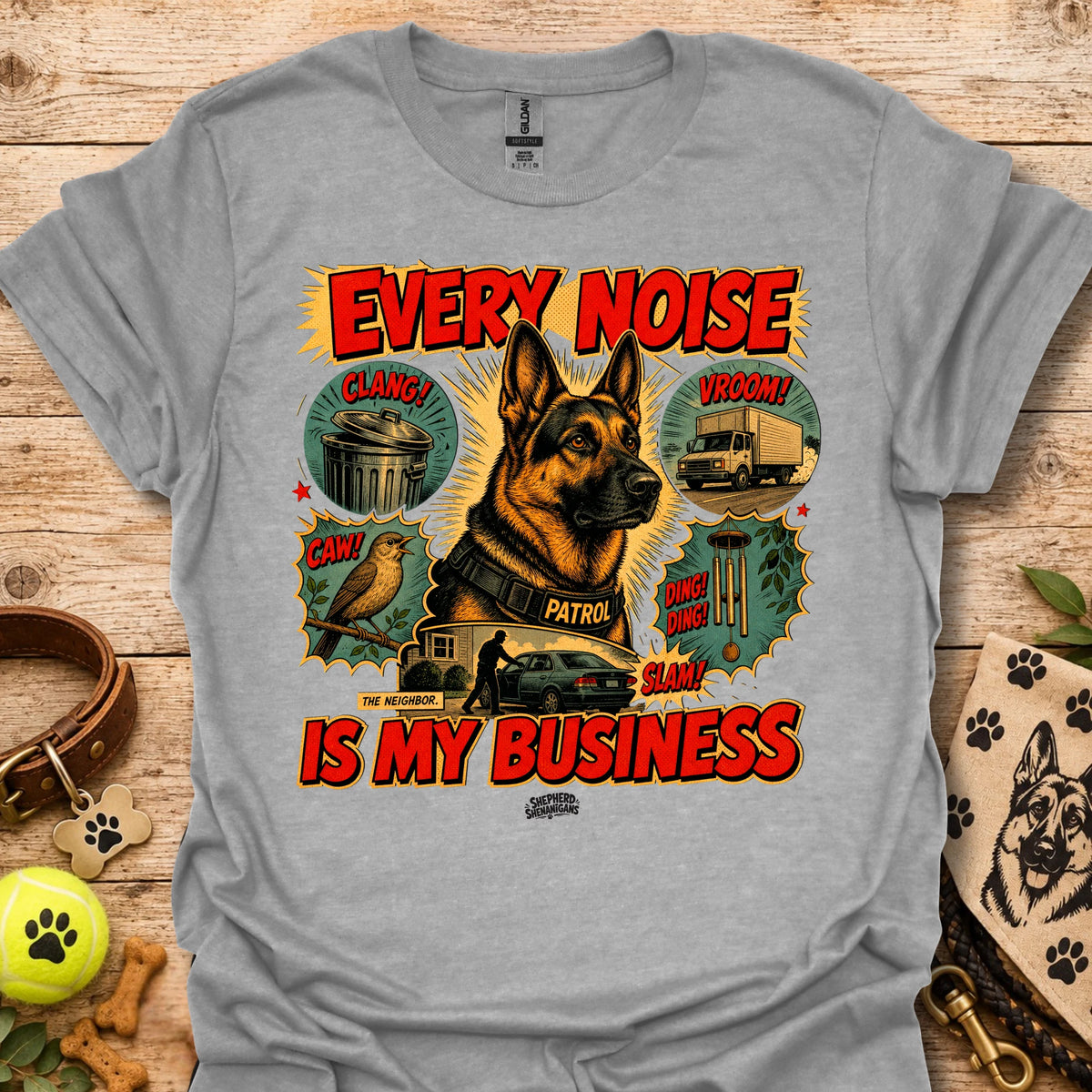 Sport grey graphic T-shirt with dog print and 'EVERY NOISE IS MY BUSINESS' text
