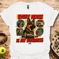 White graphic T-shirt with dog print and 'EVERY NOISE IS MY BUSINESS' text