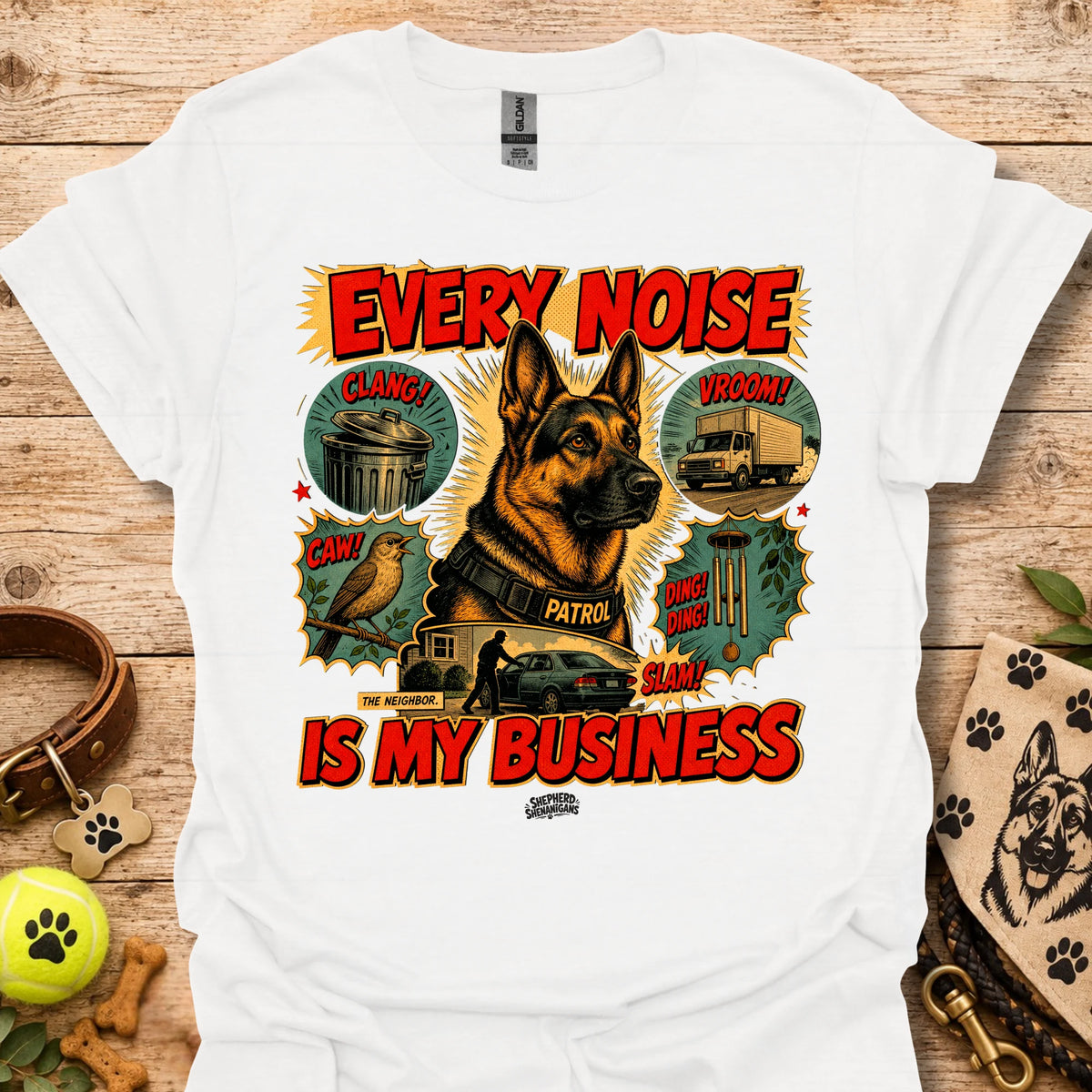White graphic T-shirt with dog print and 'EVERY NOISE IS MY BUSINESS' text