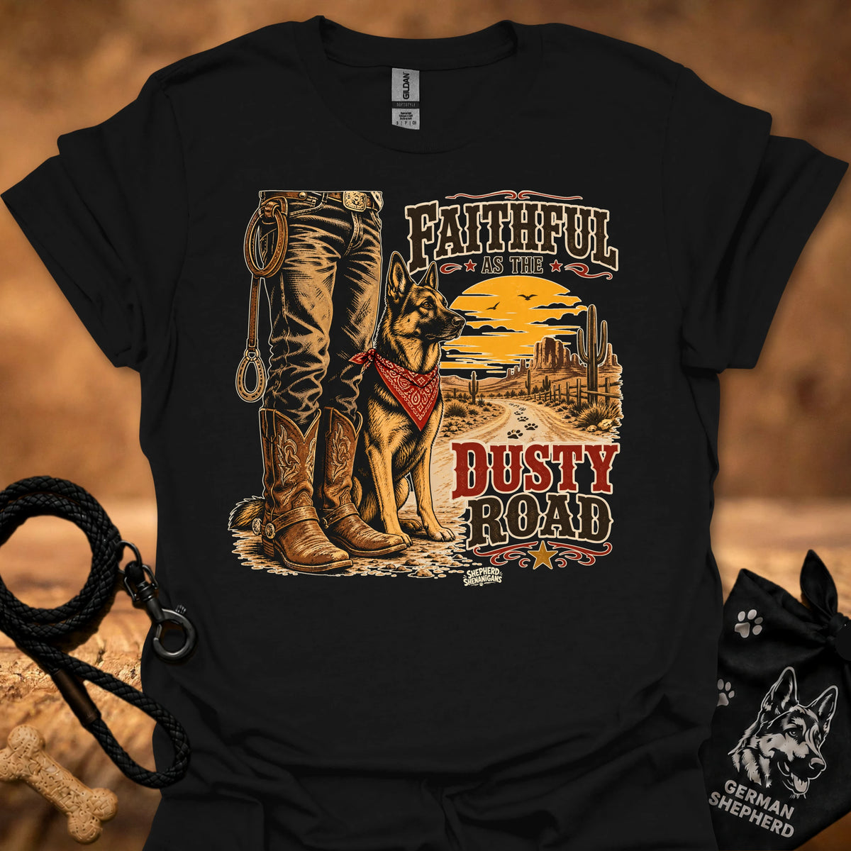 Black graphic cowboy T-shirt with boots, dog, and “Dusty Road” lettering
