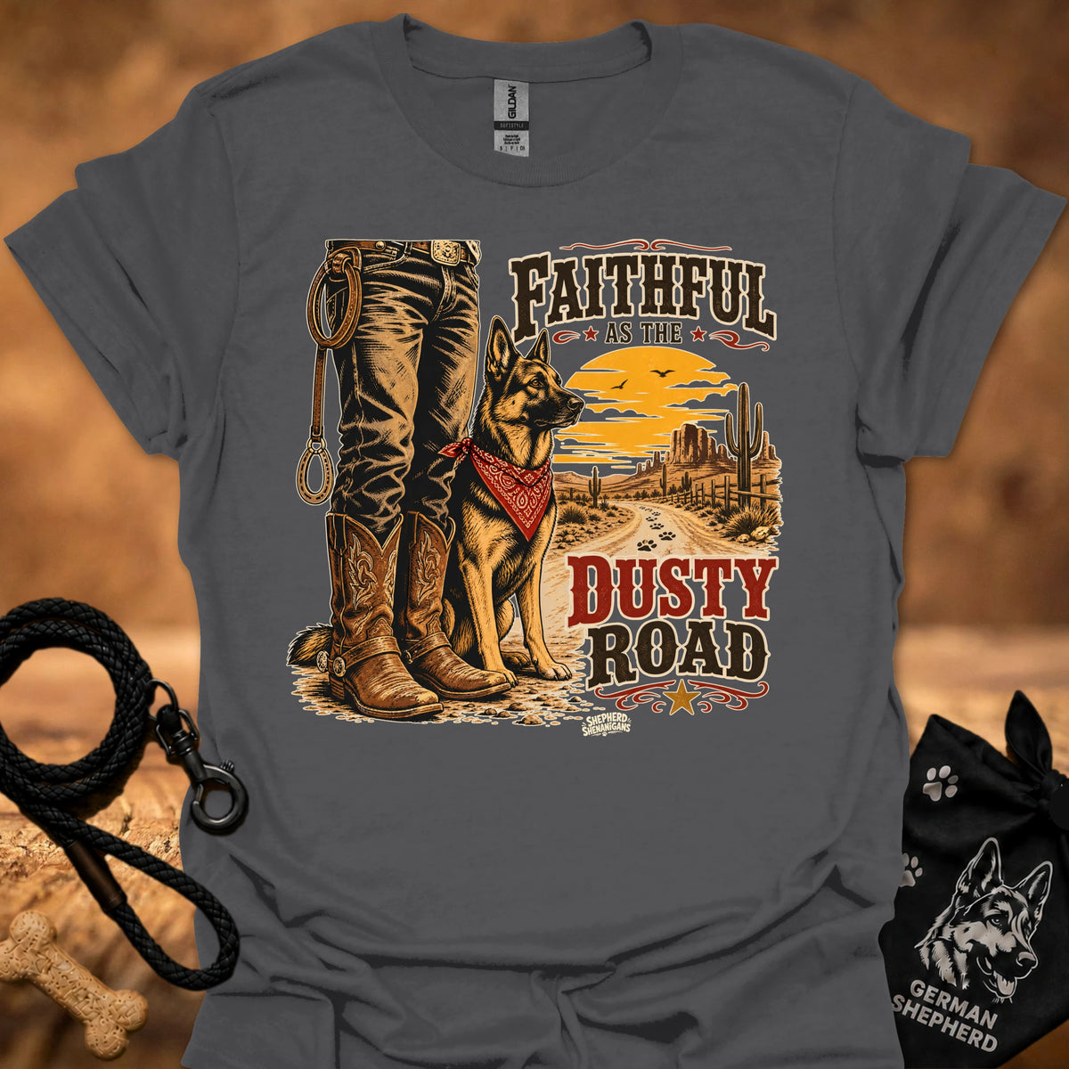 Dark gray graphic cowboy T-shirt with boots, dog, and “Dusty Road” lettering