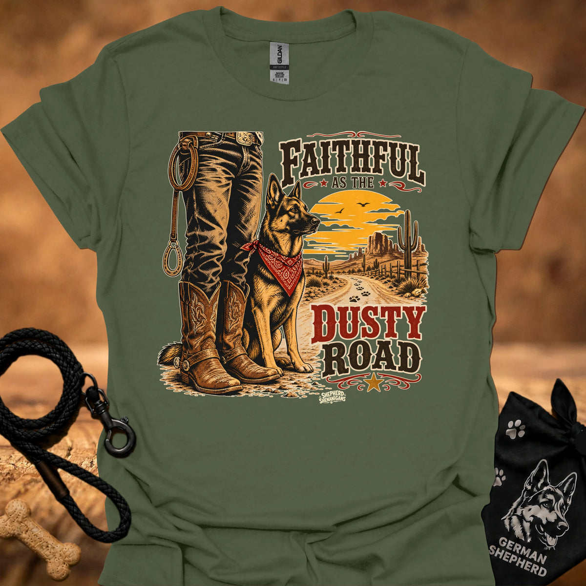 Military green graphic cowboy T-shirt with boots, dog, and “Dusty Road” lettering