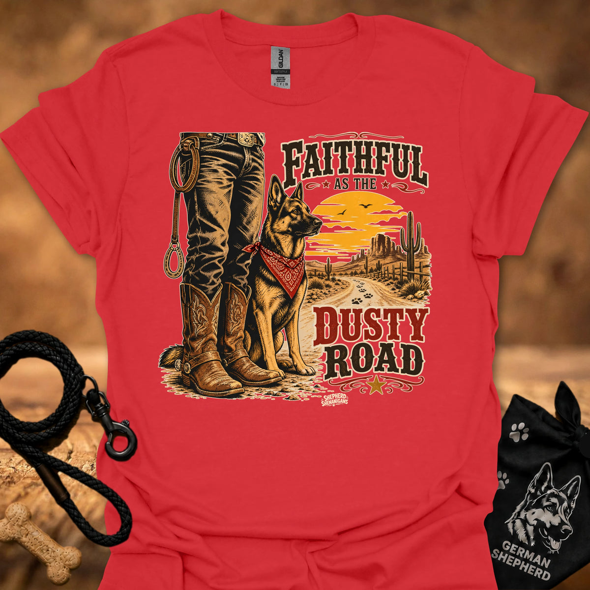 Red graphic cowboy T-shirt with boots, dog, and “Dusty Road” lettering