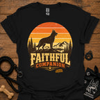 Black T-shirt with black dog and orange Faithful Companion mountain graphic