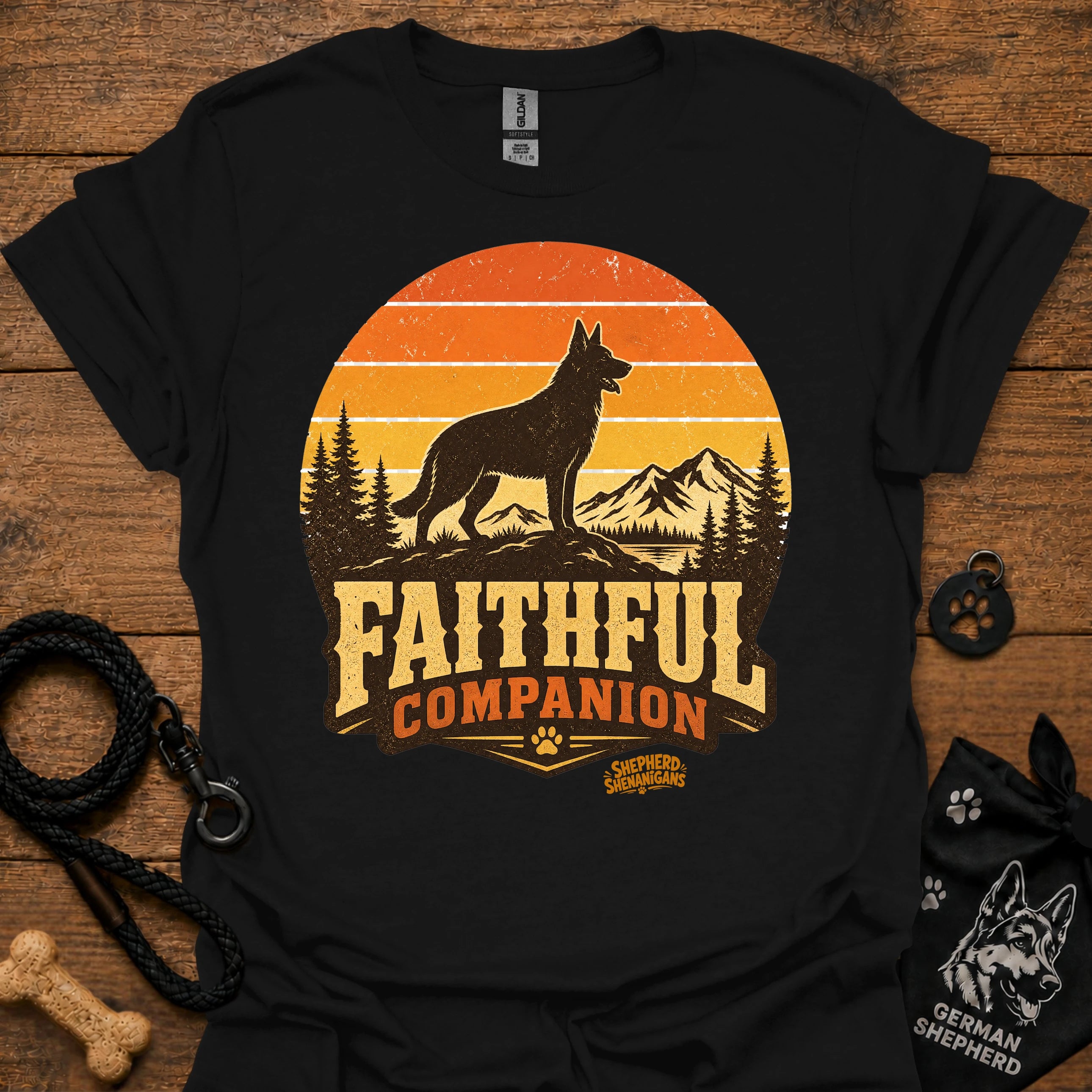 Black T-shirt with black dog and orange Faithful Companion mountain graphic