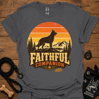Charcoal T-shirt with black dog and orange Faithful Companion mountain graphic