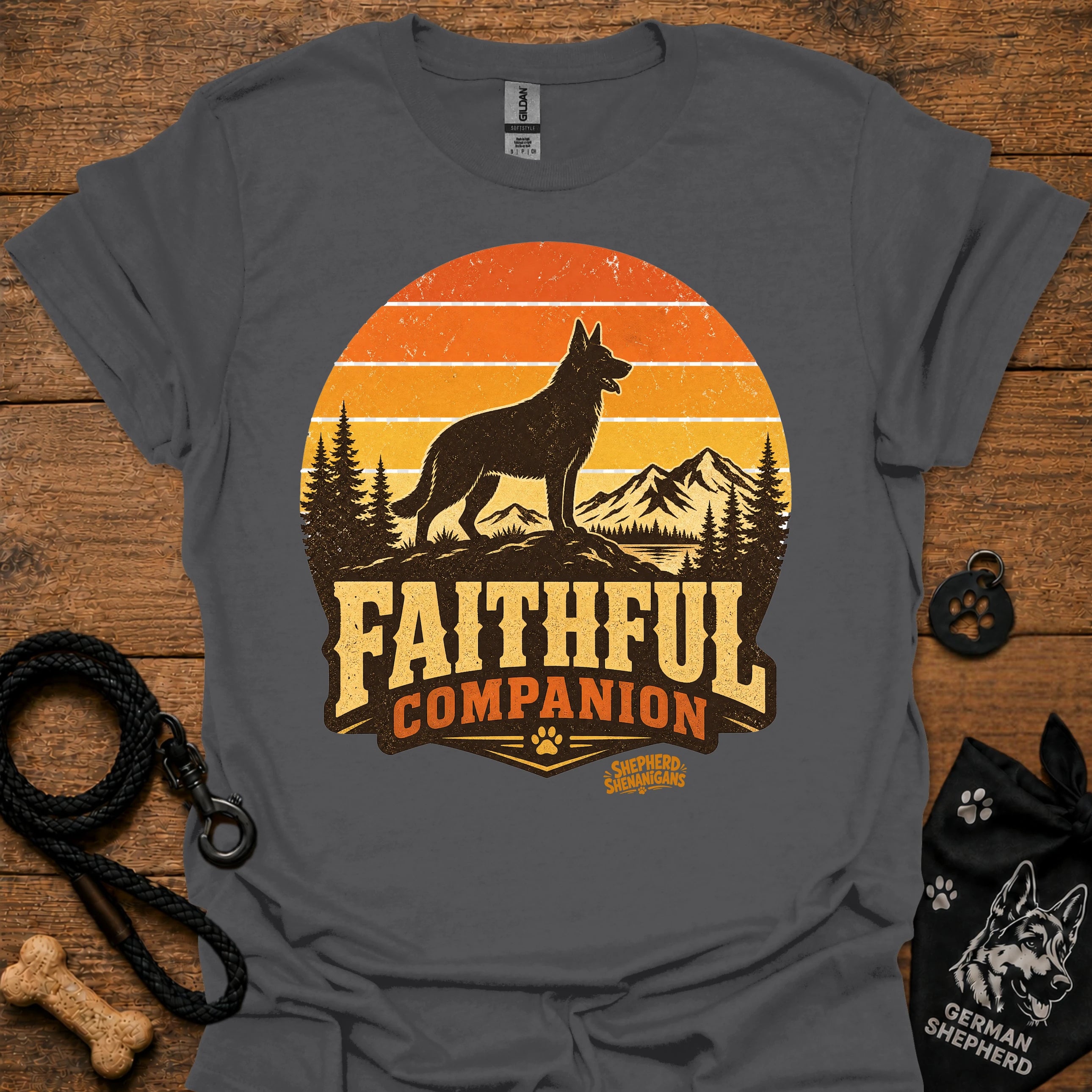 Charcoal T-shirt with black dog and orange Faithful Companion mountain graphic