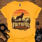 Gold T-shirt with black dog and orange Faithful Companion mountain graphic