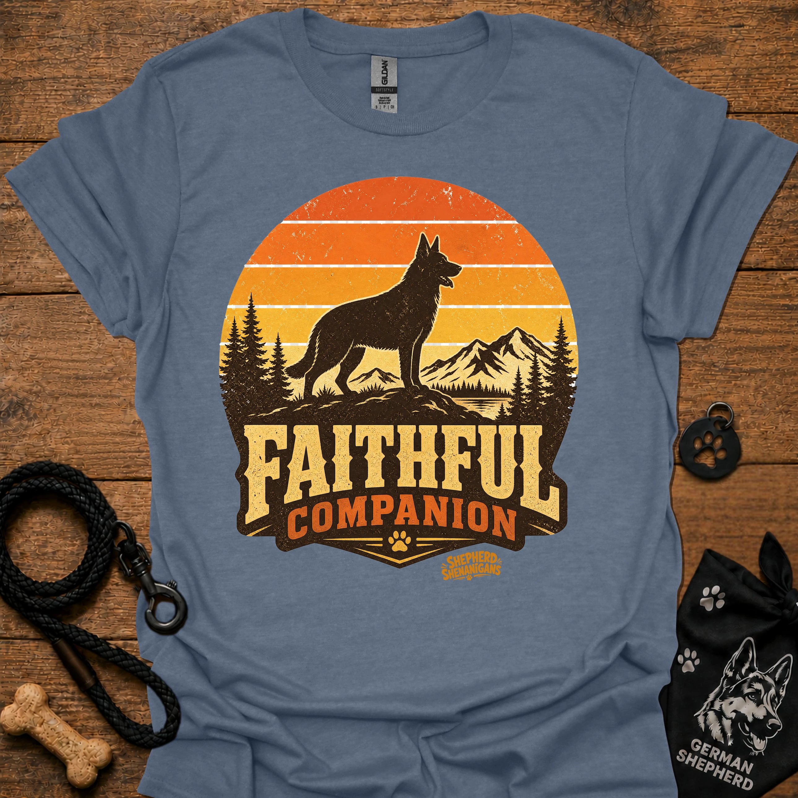 Heather blue T-shirt with black dog and orange Faithful Companion mountain graphic