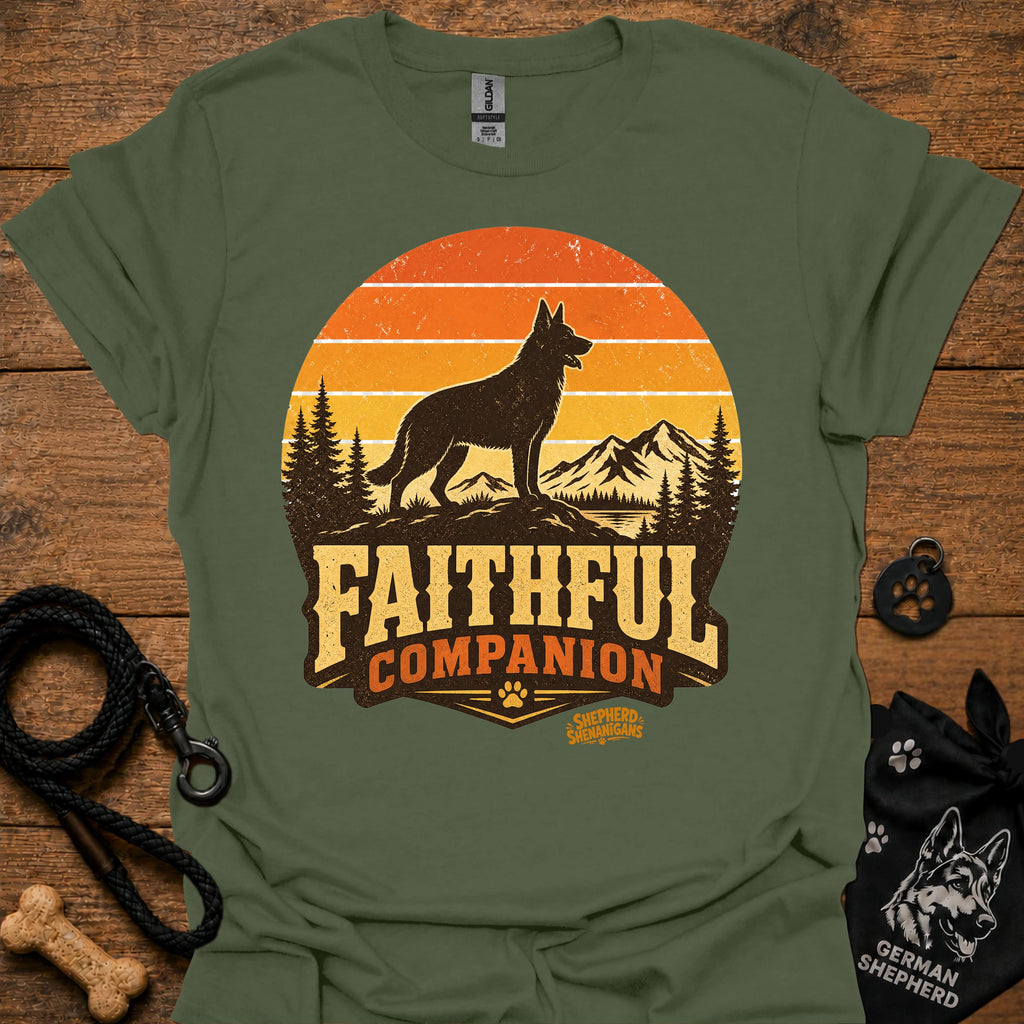 Military green T-shirt with black dog and orange Faithful Companion mountain graphic