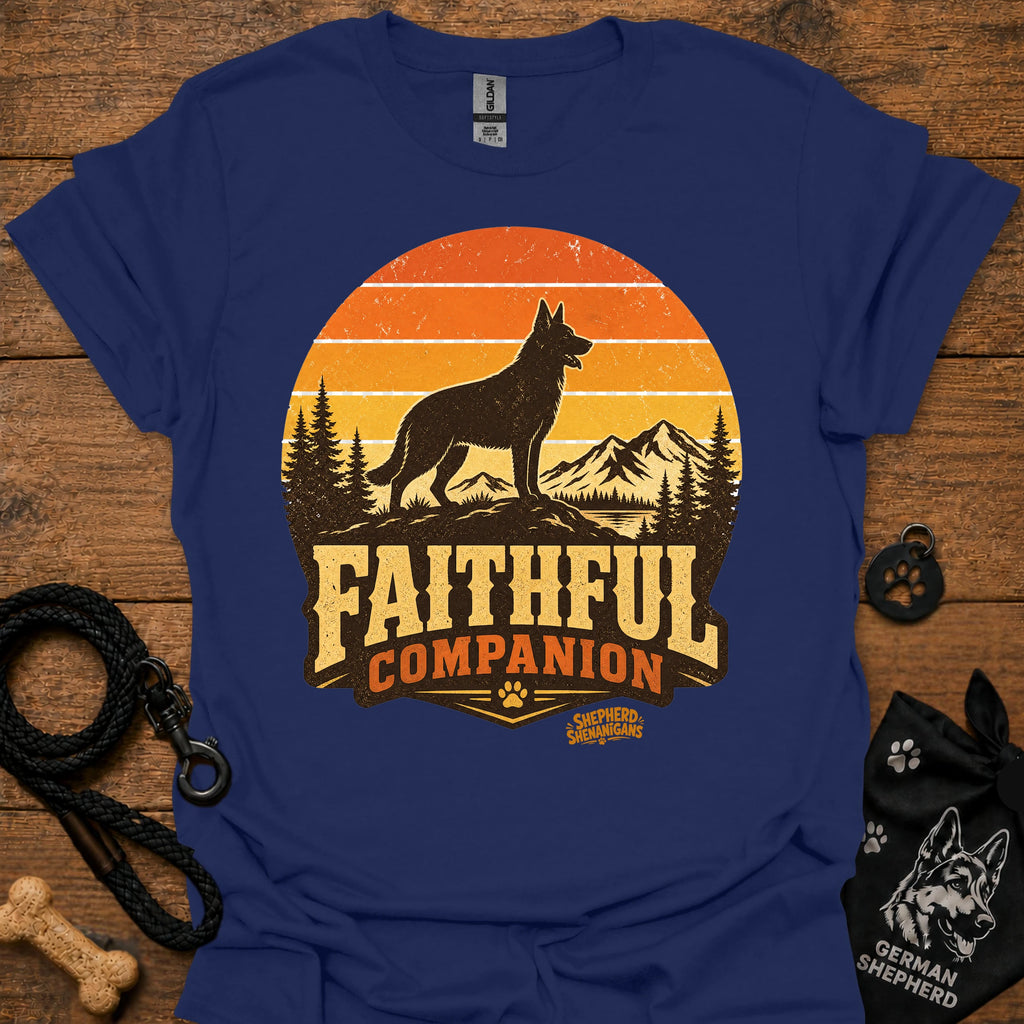 Navy T-shirt with black dog and orange Faithful Companion mountain graphic