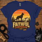 Navy T-shirt with black dog and orange Faithful Companion mountain graphic