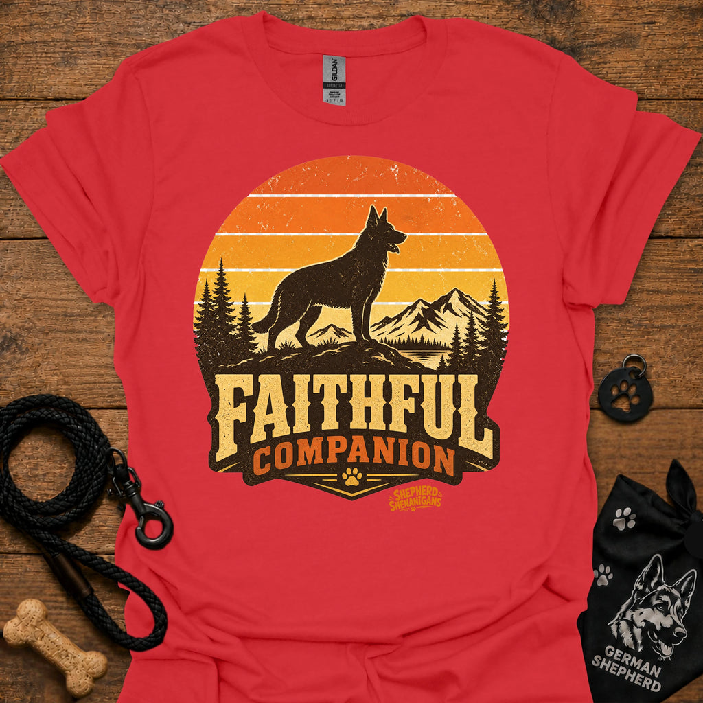 Red T-shirt with black dog and orange Faithful Companion mountain graphic