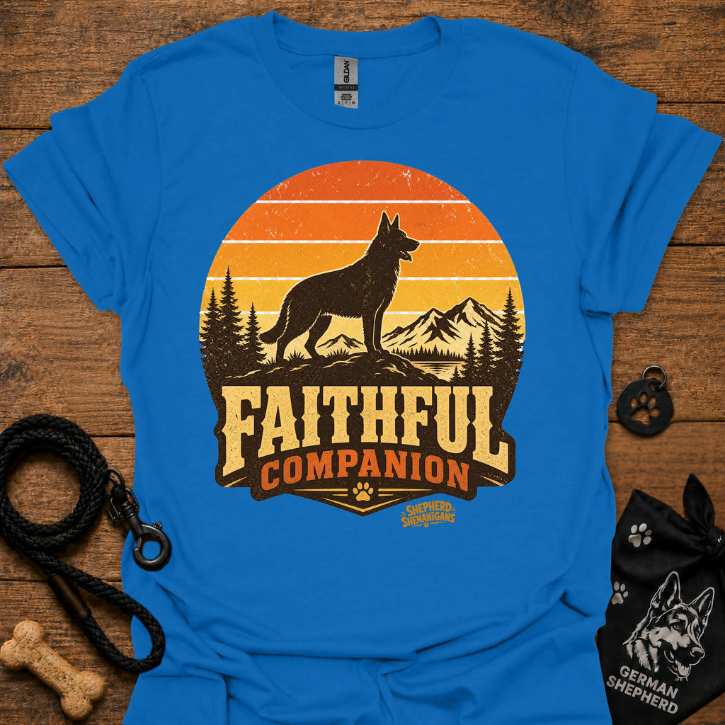 Royal blue T-shirt with black dog and orange Faithful Companion mountain graphic
