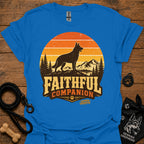 Royal blue T-shirt with black dog and orange Faithful Companion mountain graphic