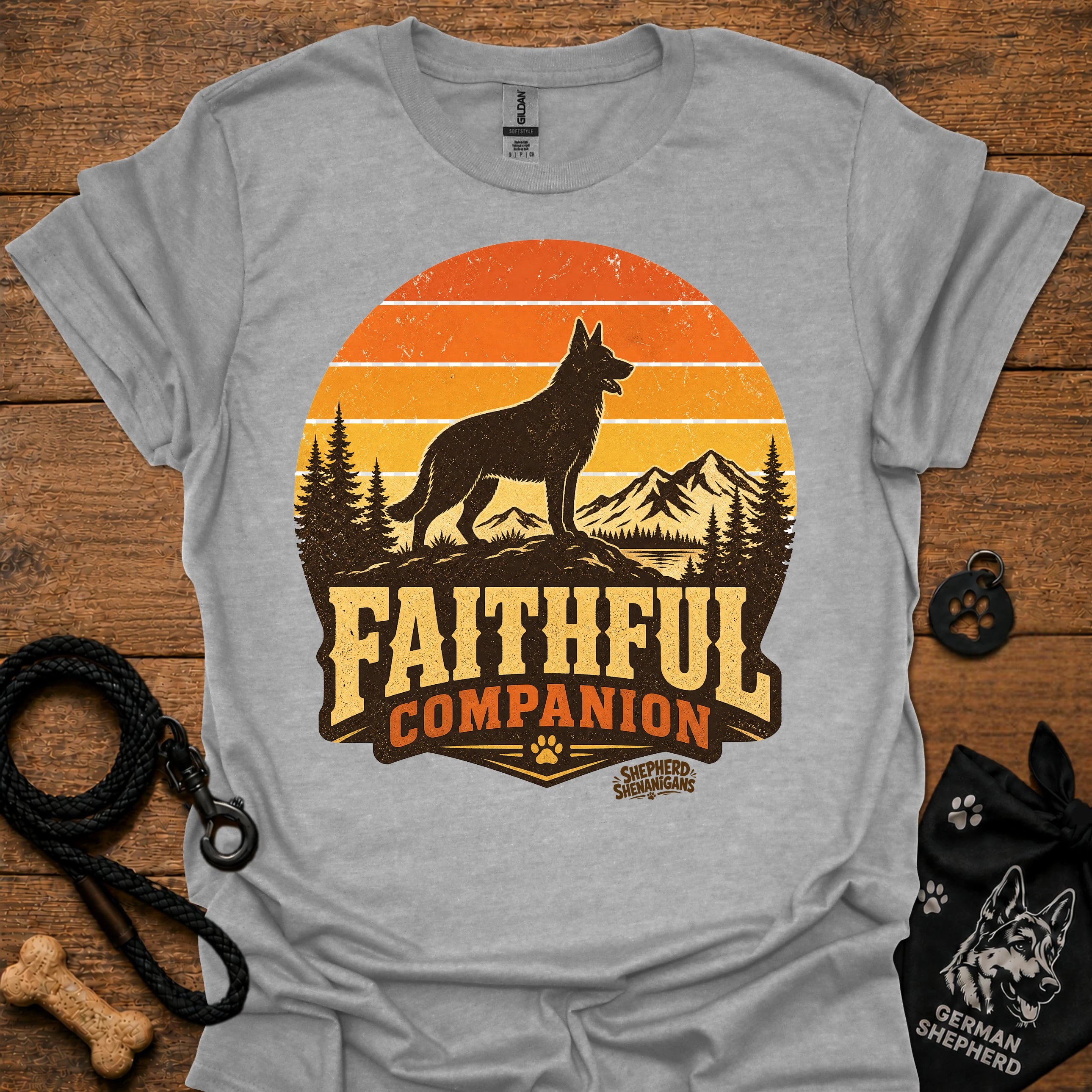 Sport grey T-shirt with black dog and orange Faithful Companion mountain graphic