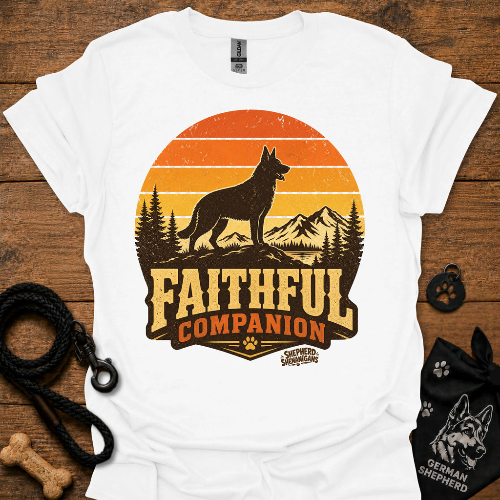 White T-shirt with black dog and orange Faithful Companion mountain graphic