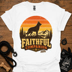 White T-shirt with black dog and orange Faithful Companion mountain graphic