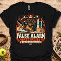 Black crewneck t-shirt with German shepherd and "False Alarm Specialist" graphic