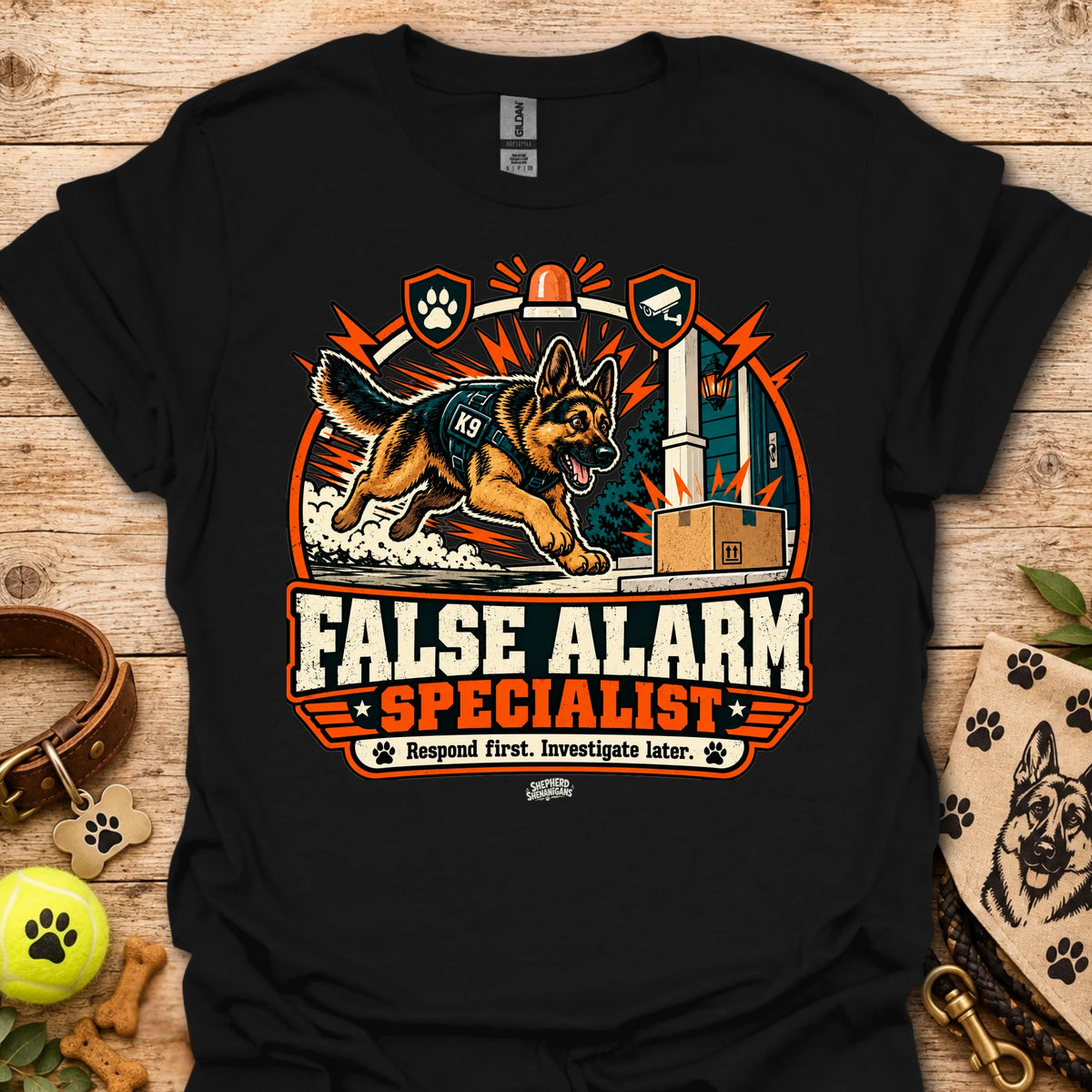 Black crewneck t-shirt with German shepherd and "False Alarm Specialist" graphic