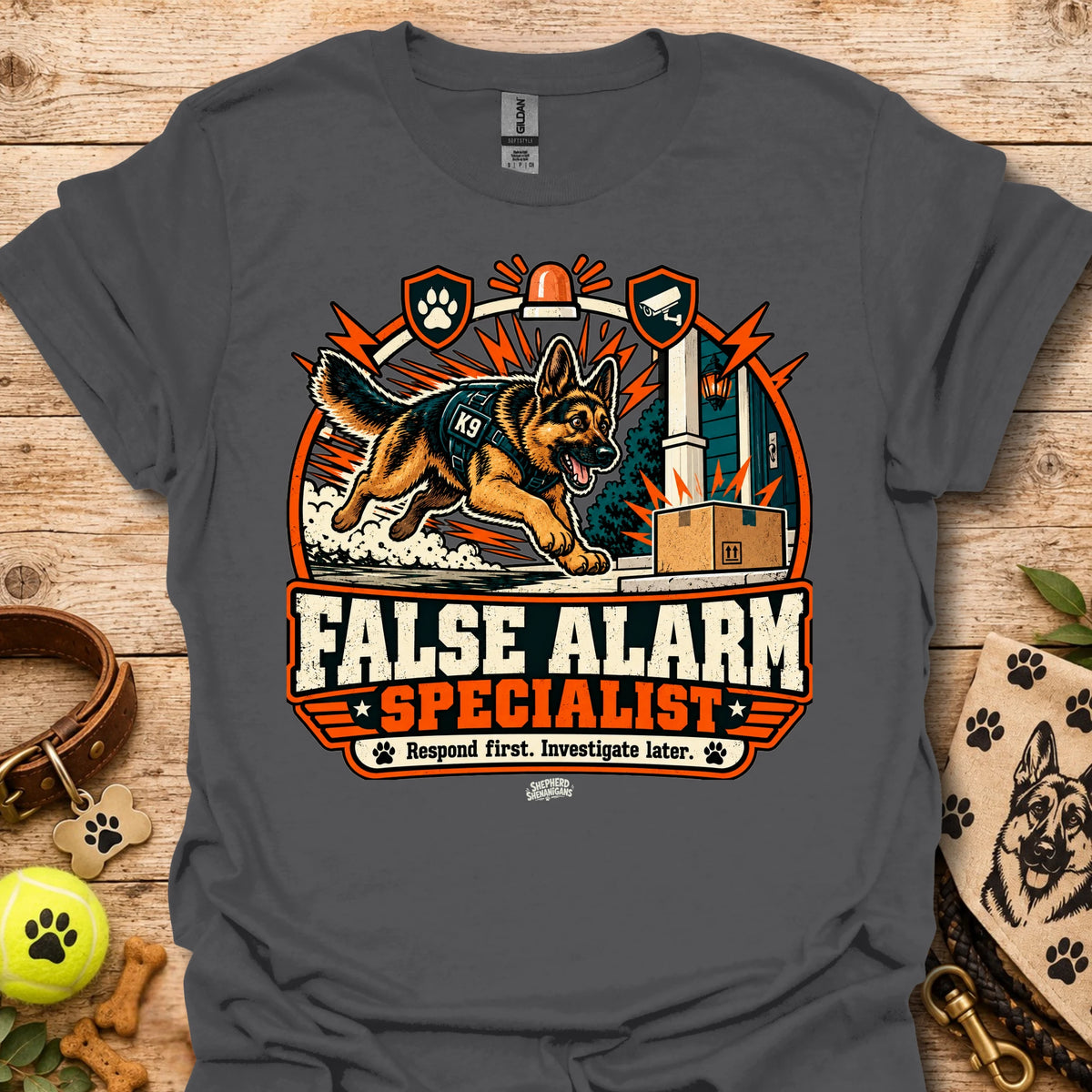 Black crewneck t-shirt with German shepherd and "False Alarm Specialist" graphic