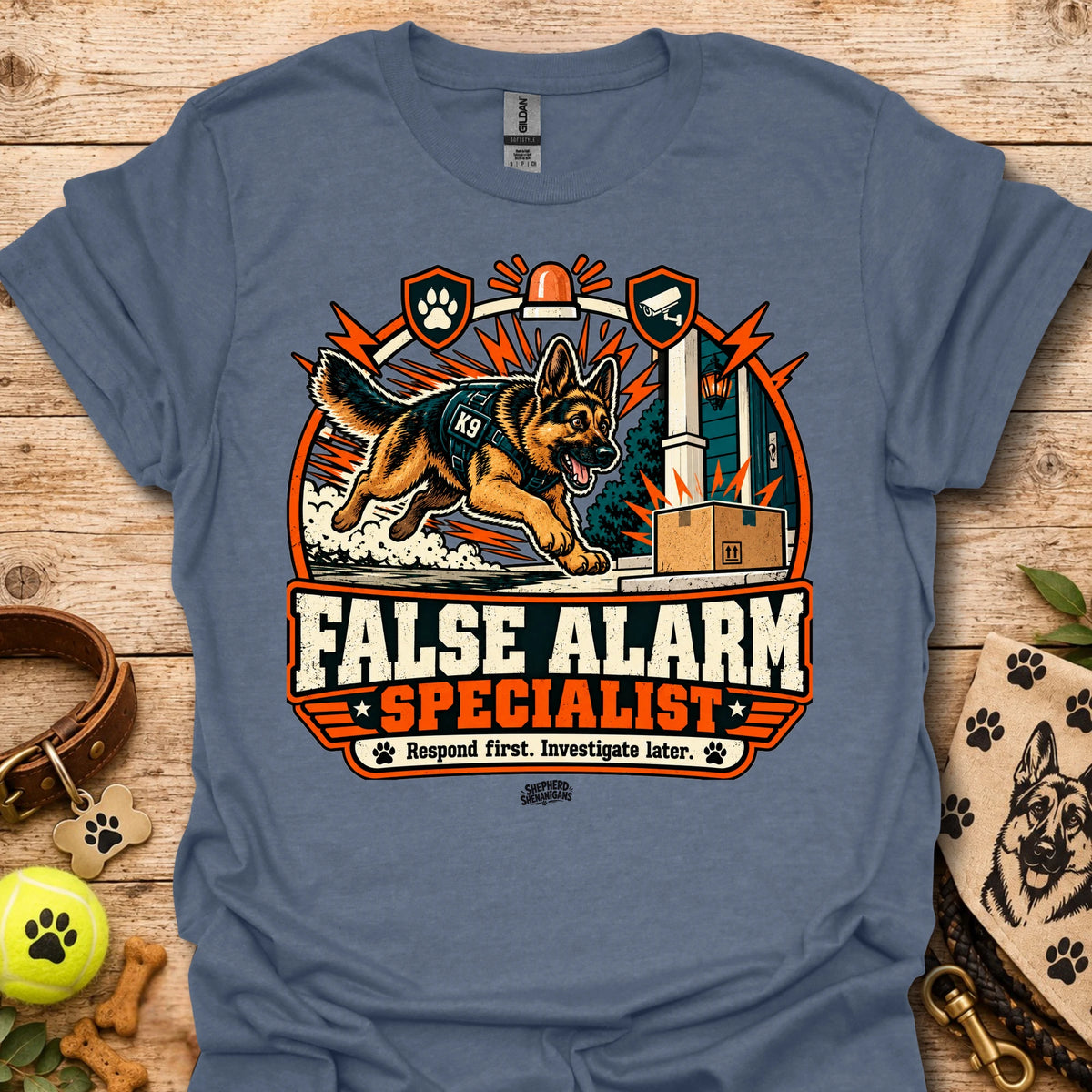 Heather indigo crewneck t-shirt with German shepherd and "False Alarm Specialist" graphic