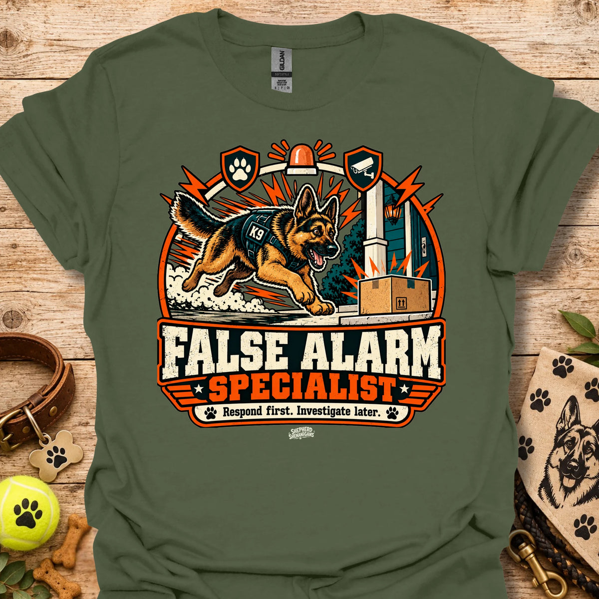 Military green crewneck t-shirt with German shepherd and "False Alarm Specialist" graphic